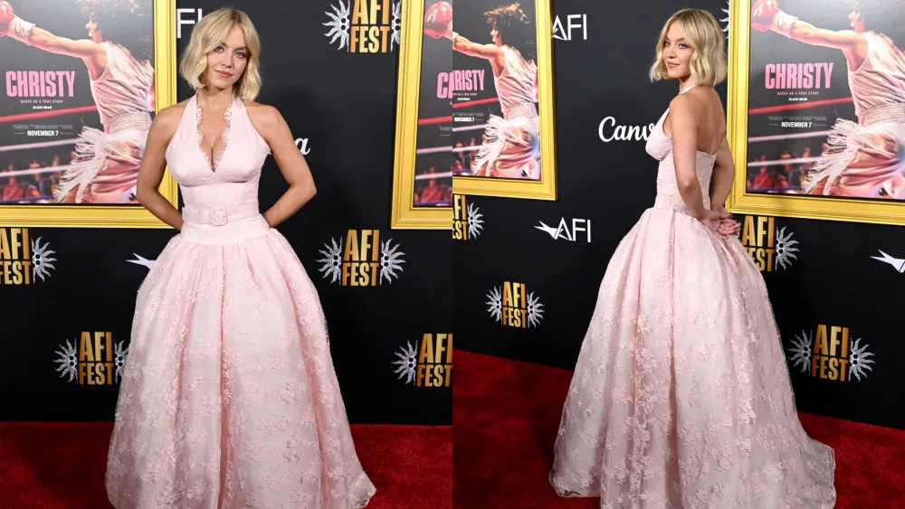 On Saturday, Sydney Sweeney wore a pastel pink custom Miu Miu look at the