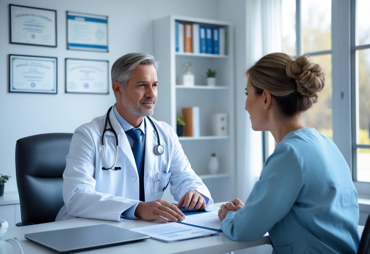 Consulta médica entre um doutor e um paciente em um consultório moderno e bem iluminado.