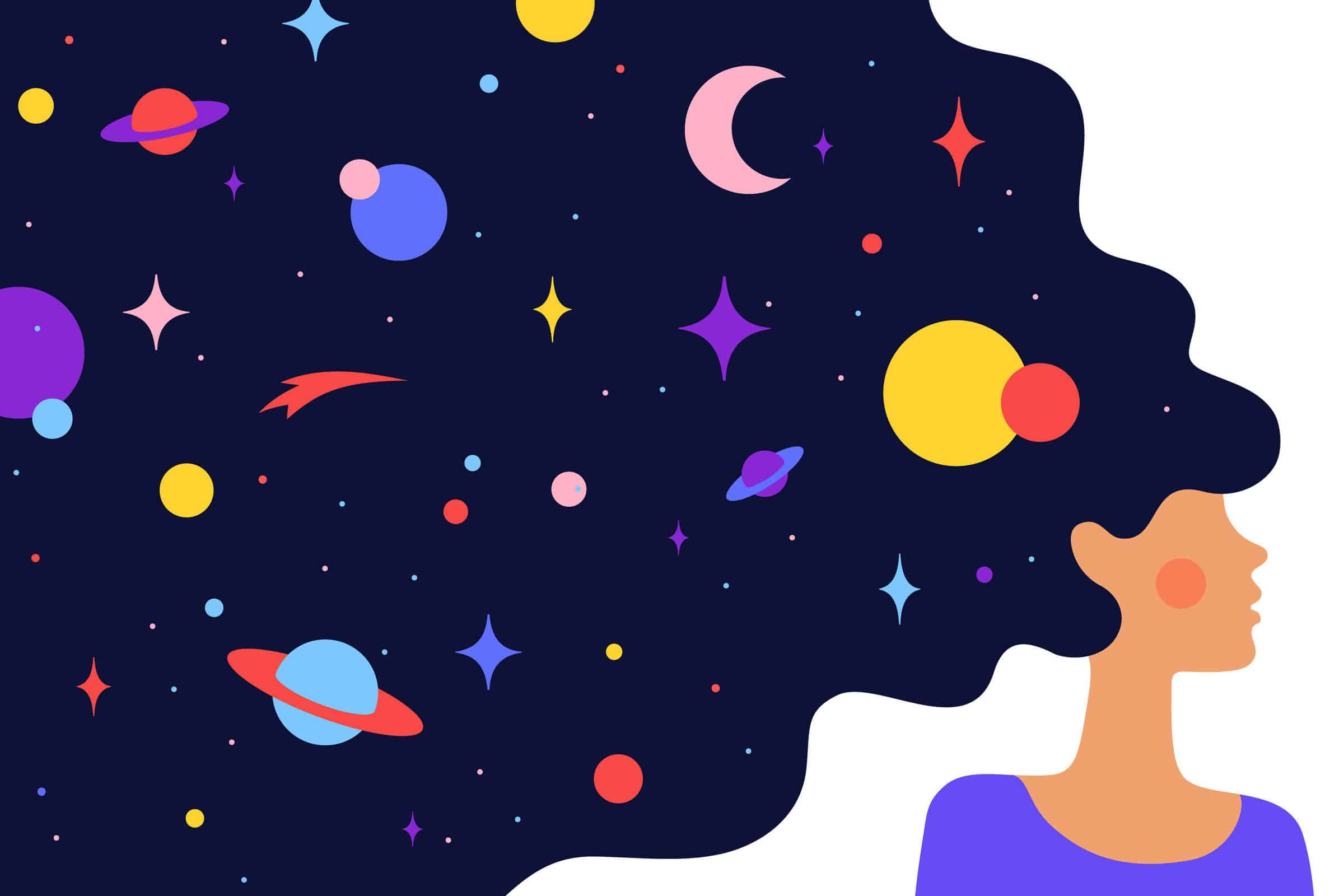A imagem apresenta o perfil de uma mulher com cabelo volumoso, onde o cabelo é representado por um fundo escuro repleto de elementos do espaço, como planetas, estrelas e cometas. A mulher tem uma expressão serena e está vestindo uma blusa roxa. O fundo é predominantemente escuro, destacando as cores vibrantes dos elementos espaciais.