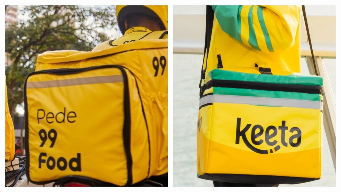 Montagem com fotografias de entregadores de delivery da 99Food e Keeta
