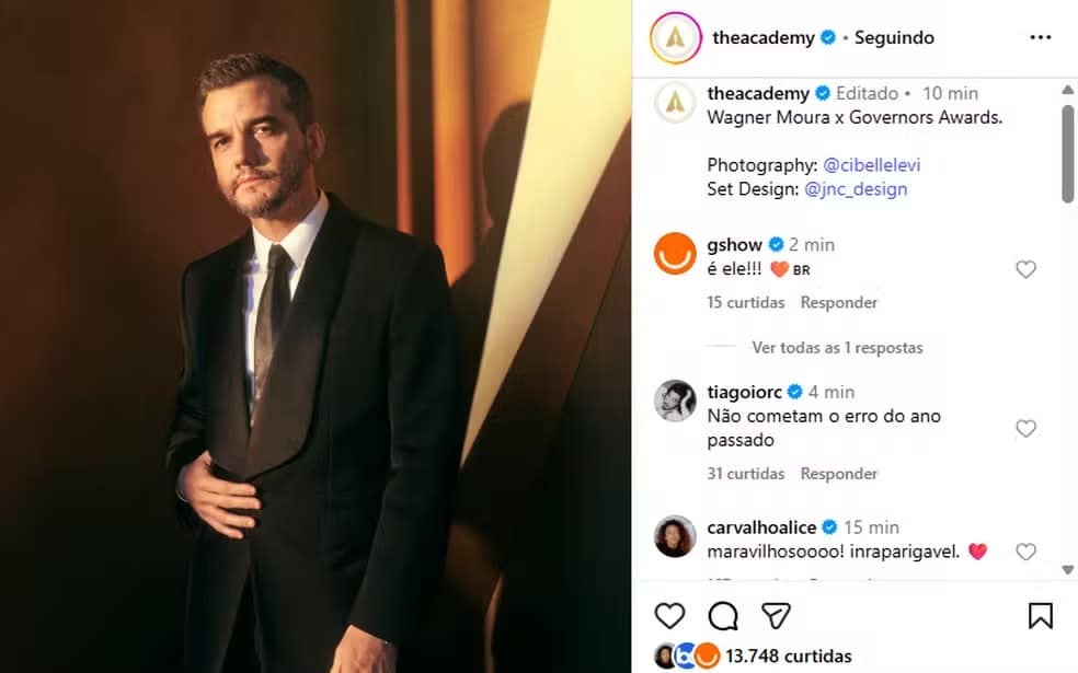 Oscar posta foto de Wagner Moura e brasileiros invadem comentários: “Já podemos sonhar?”