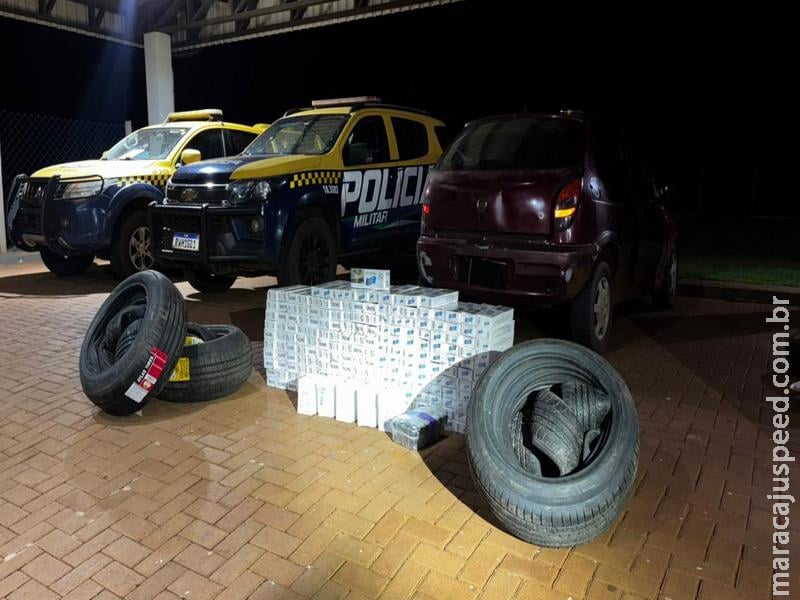 Carro é apreendido em Maracaju com carga de contrabando que ia de pneus a baterias de iPhone