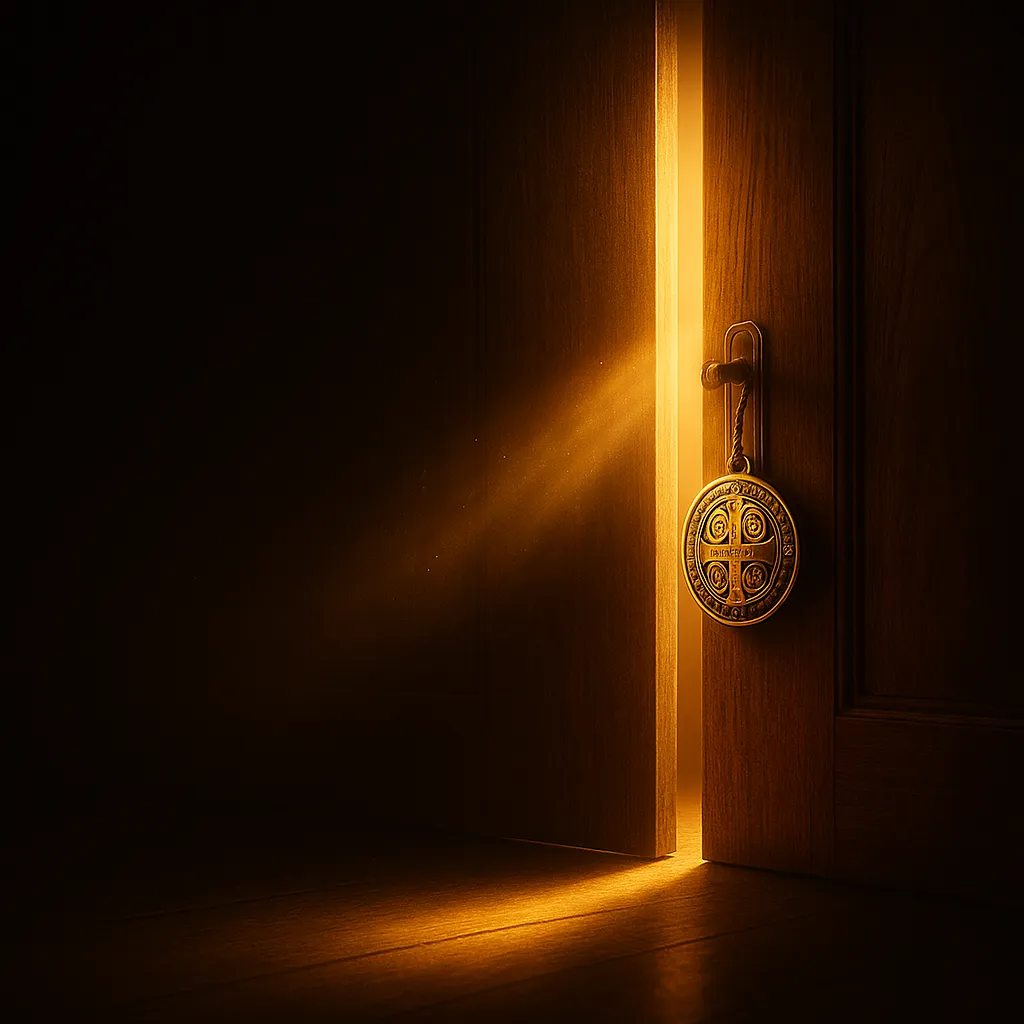 Feixe de luz atravessando uma porta em ambiente escuro.