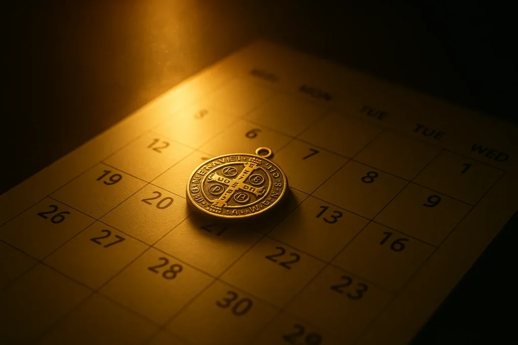 Medalha sobre um calendário.