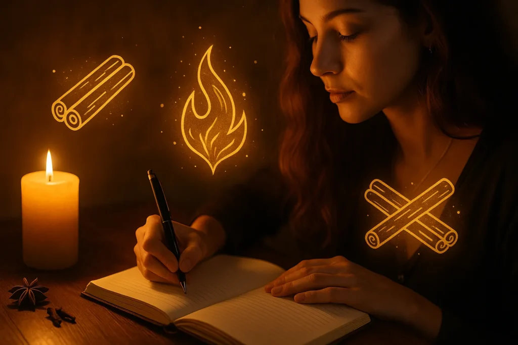 Mulher escrevendo em um diário iluminado por vela, cercada por símbolos dourados de canela e chamas, representando manifestação espiritual, prosperidade e autoconhecimento.
