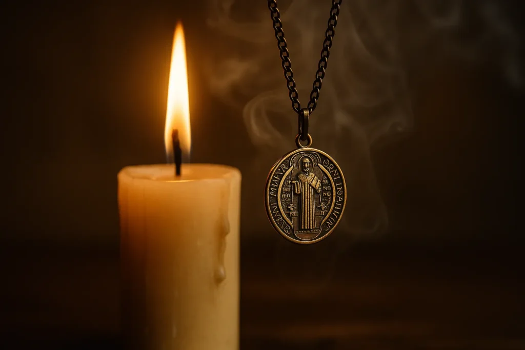 Medalha de São Bento diante de uma vela.