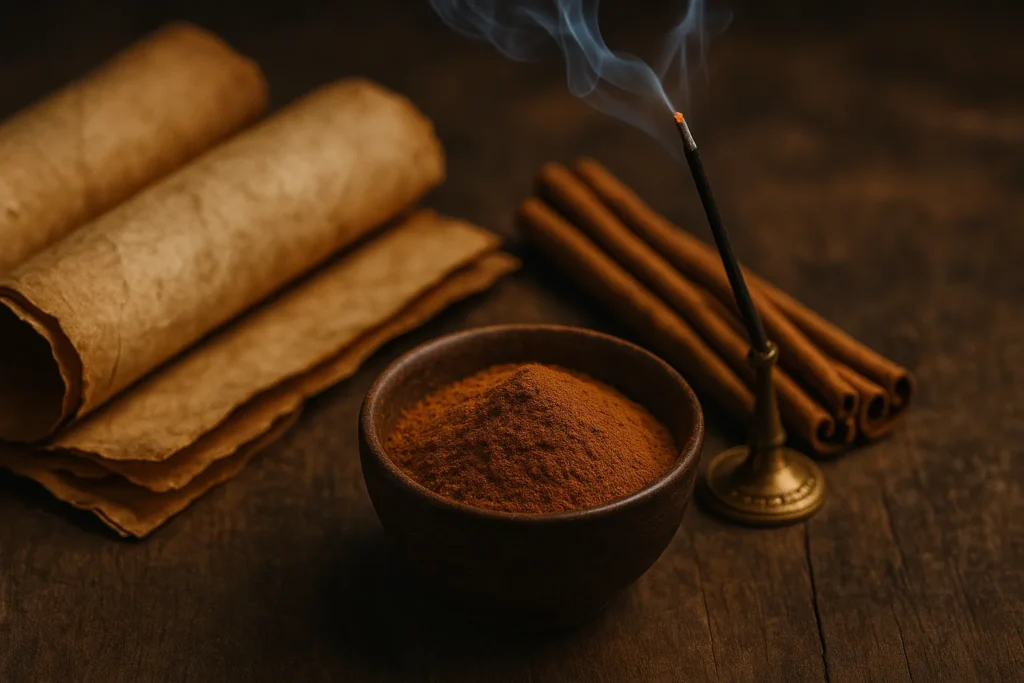 Pergaminhos antigos ao lado de um incenso aceso e um recipiente com canela em pó, simbolizando rituais ancestrais e conexão espiritual com o divino.