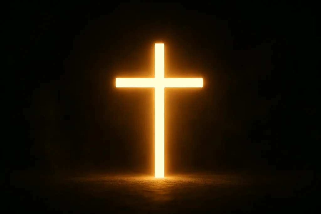 Cruz brilhante emitindo luz no escuro.