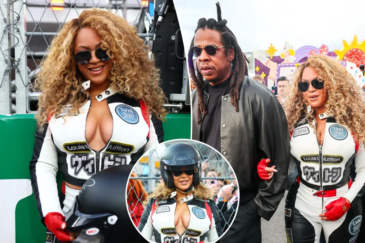 Beyoncé arrives at F1 in form-fitting racing gear