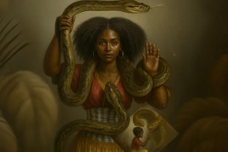 Mulher em pose sagrada interagindo com serpentes.