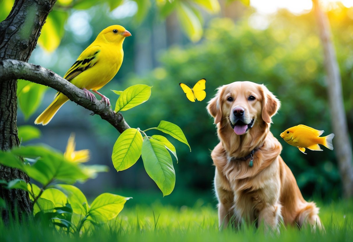 Vários animais amarelos em um ambiente natural, incluindo um canário, uma borboleta, um cachorro da raça golden retriever e um peixe tropical.