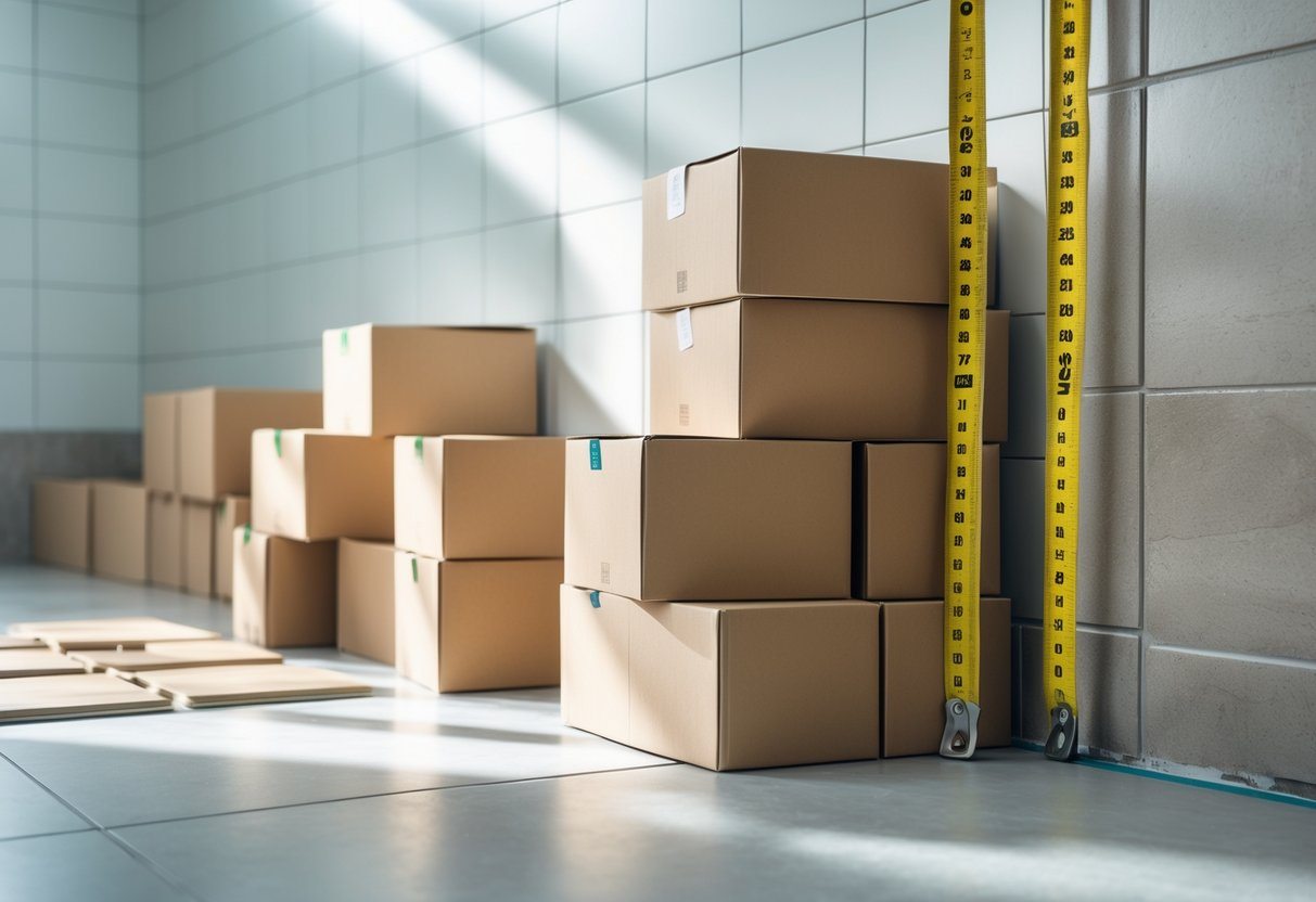 Caixas de cerâmica empilhadas ao lado de uma fita métrica estendida, com uma parede parcialmente revestida de azulejos ao fundo.