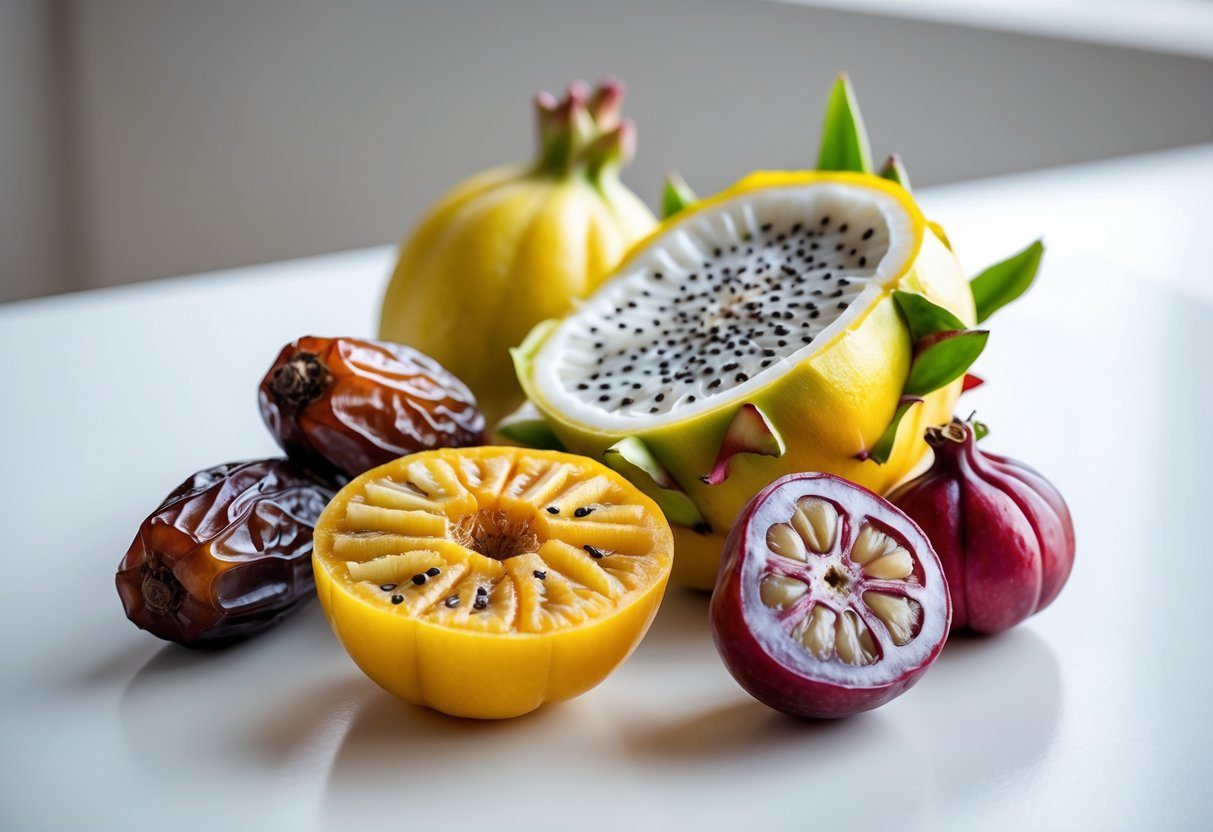 Vários frutos frescos que começam com a letra D, incluindo tâmaras, pitayas cortadas e damascos, dispostos sobre uma superfície branca.