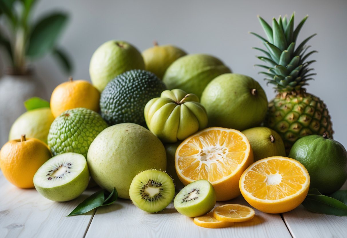 Vários tipos de frutas frescas sobre uma superfície clara, mostrando cores vibrantes e detalhes das frutas cortadas e inteiras.