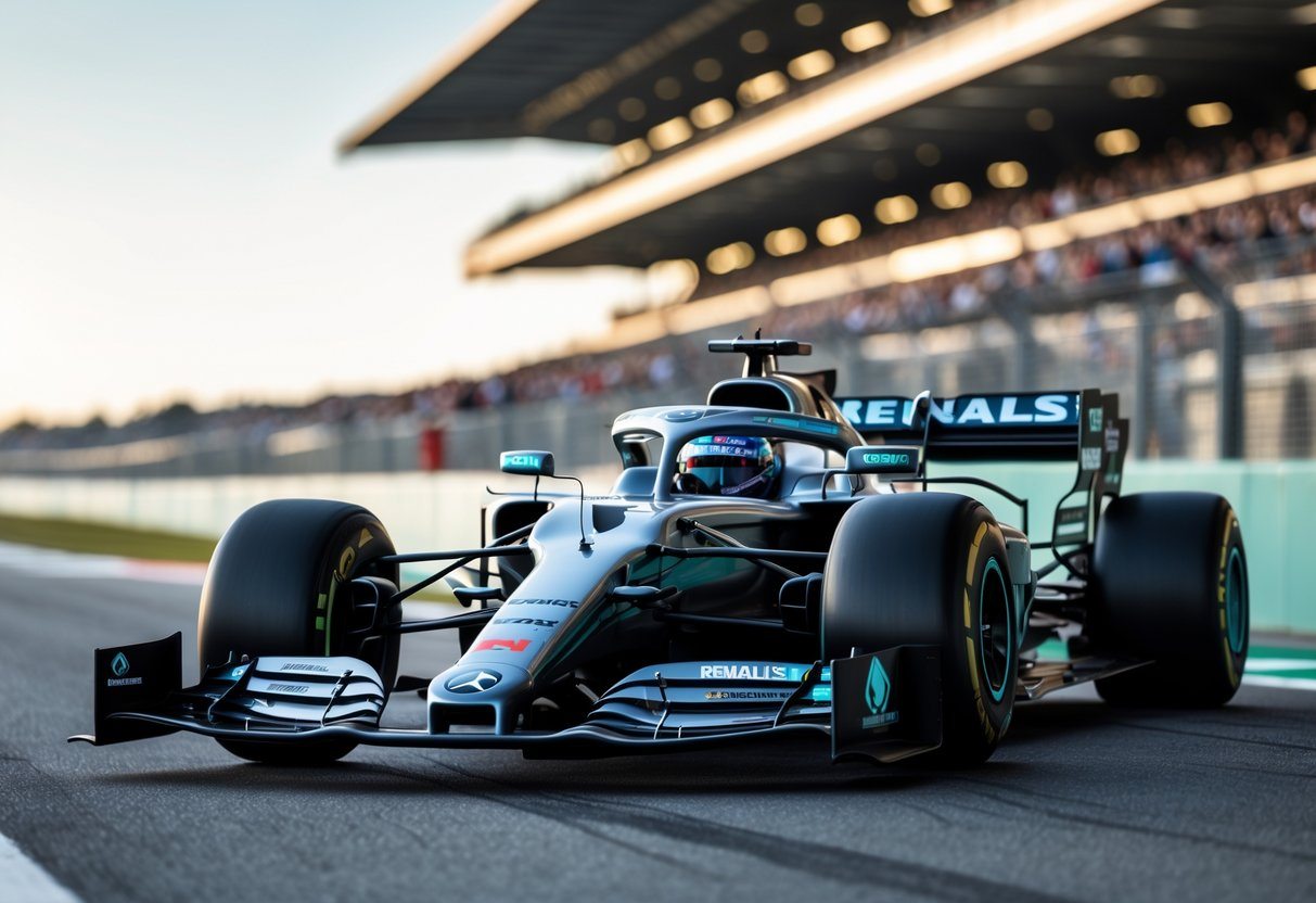 Carro de corrida Mercedes-Benz em pista de corrida com detalhes do motor Renault.