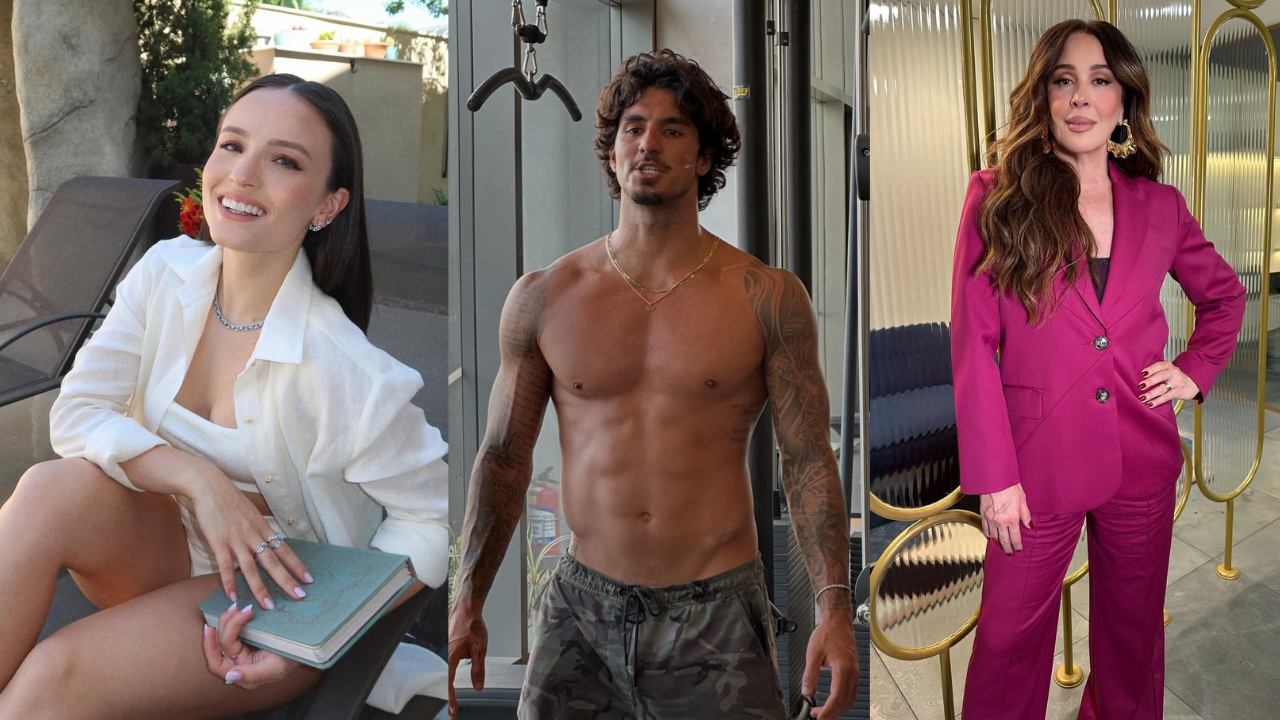 Imagem em montagem com três pessoas. À esquerda, uma mulher sorridente, de cabelos escuros presos, veste camisa branca e segura um livro sentada ao ar livre. No centro, um homem de cabelos cacheados aparece sem camisa, com corpo atlético e tatuagens nos braços, em um ambiente de academia. À direita, uma mulher de cabelos longos e ondulados usa um conjunto rosa de alfaiataria, posando em ambiente interno com decoração moderna.