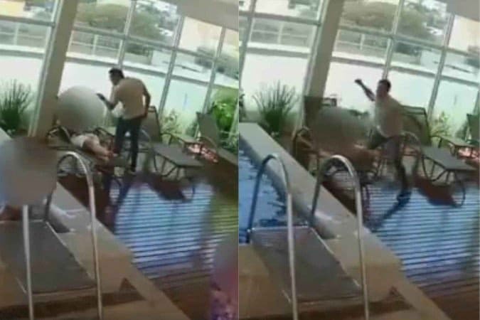 Nas imagens registradas pelas câmeras de segurança do local é possível ver momento em que o agressor aborda a vítima, que estava sentada em uma cadeira de praia -  (crédito: Reprodução/Portal g1)