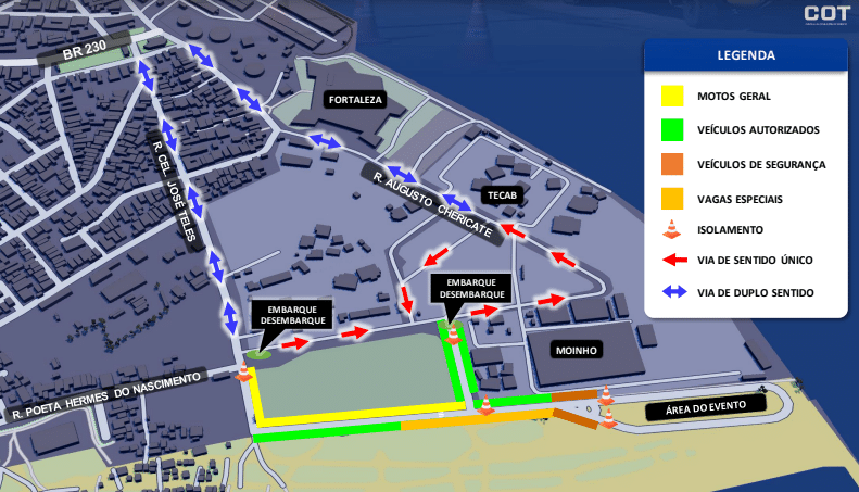 O objetivo é orientar moradores e visitantes sobre acessos, bloqueios, estacionamento e recomendações de segurança na região do Dique, onde acontecem os shows
