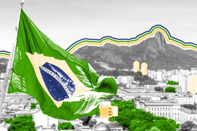 Bandeira do Brasil com Rio de Janeiro ao fundo