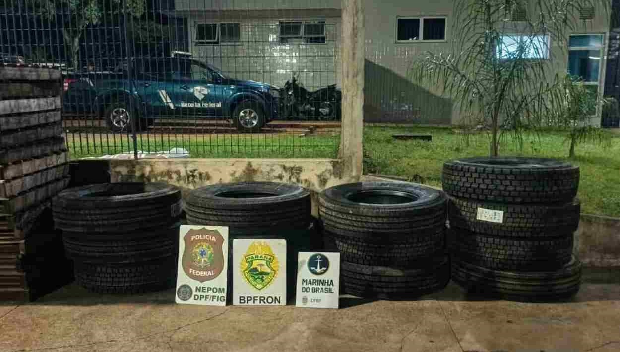 Polícia apreende pneus de caminhão contrabandeados do Paraguai e escondidos em mata  