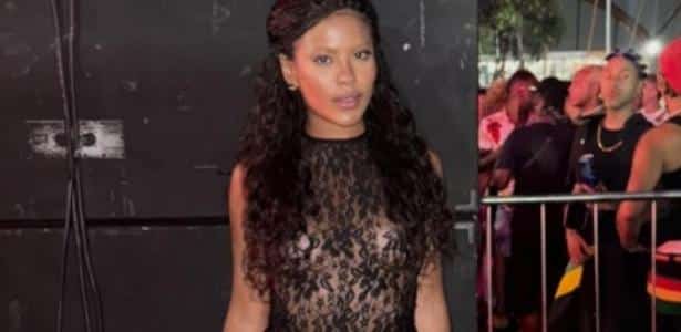 Bella Campos usa look transparente em festa