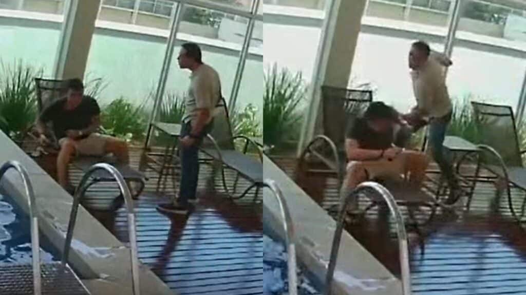 Câmeras gravaram quando advogado Rodolfo Ramos Caiado começou a agredir o médico Lucas Tavares de Rezende.