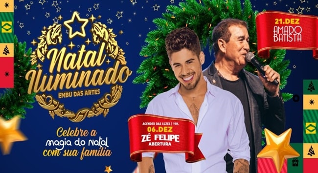 Embu: Natal Iluminado terá shows de Amado Batista e Zé Felipe