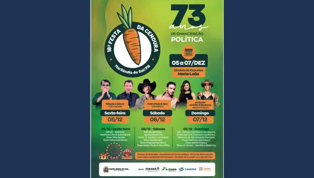 Marilândia do Sul se prepara para a 16ª Festa da Cenoura com shows e diversão para toda a família