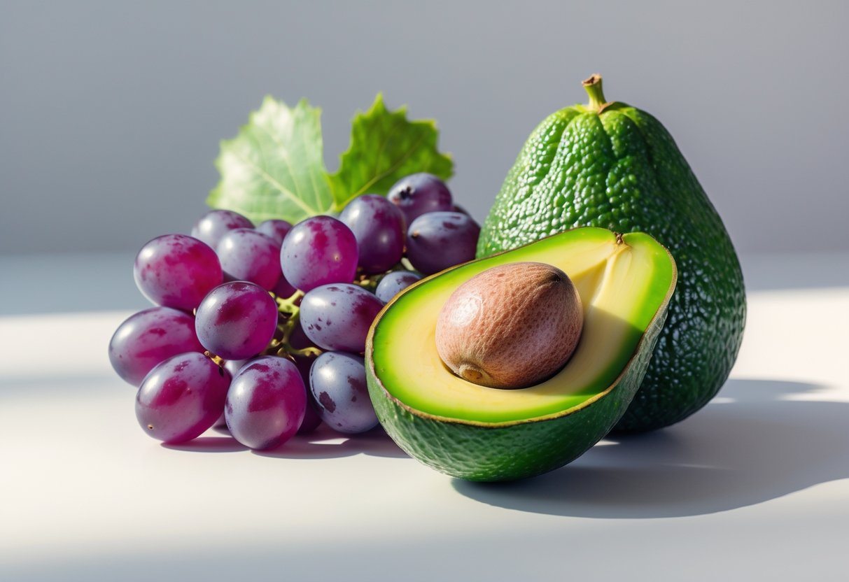 Fruta fresca e vibrante começando com a letra V, como uvas roxas ou um abacate cortado ao meio, sobre fundo neutro.