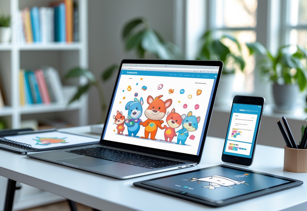 Mesa de trabalho moderna com laptop mostrando personagens animados, tablet gráfico, caderno de desenhos e smartphone, em ambiente iluminado e organizado.
