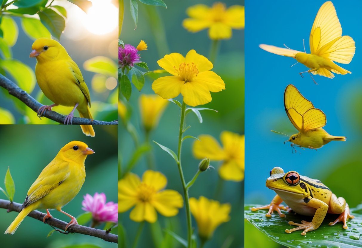 Vários animais amarelos em seus habitats naturais, incluindo um canário, uma borboleta, um pintassilgo e um sapo amarelo.