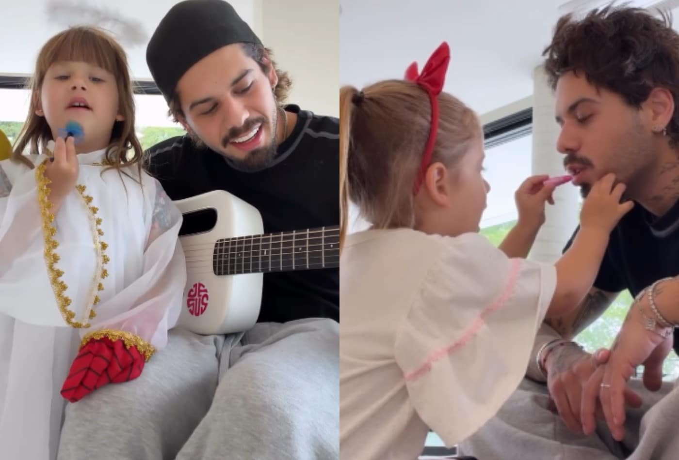 Em Goiânia com os filhos, Zé Felipe canta com Maria Alice e é maquiado por Maria Flor