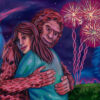Ilustração mostra um casal abraçado, com o homem de pele avermelhada e peluda e a mulher de cabelos longos castanhos. Ao fundo, fogos de artifício iluminam o céu noturno, e duas figuras fantásticas, uma azul e outra avermelhada, observam a cena. Vegetação verde aparece na parte inferior da imagem.