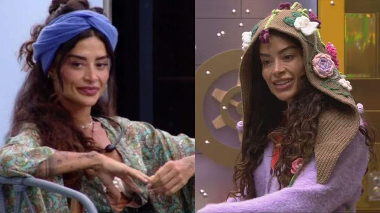 Aline Campos. Mulher branca, cabelo longo, ondulado, usando touca de crochê e lenço azul.