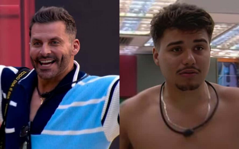 Montagem de Henri Castelli sorrindo e Pedro chateado no BBB 26, ambos sem olhar para a câmera