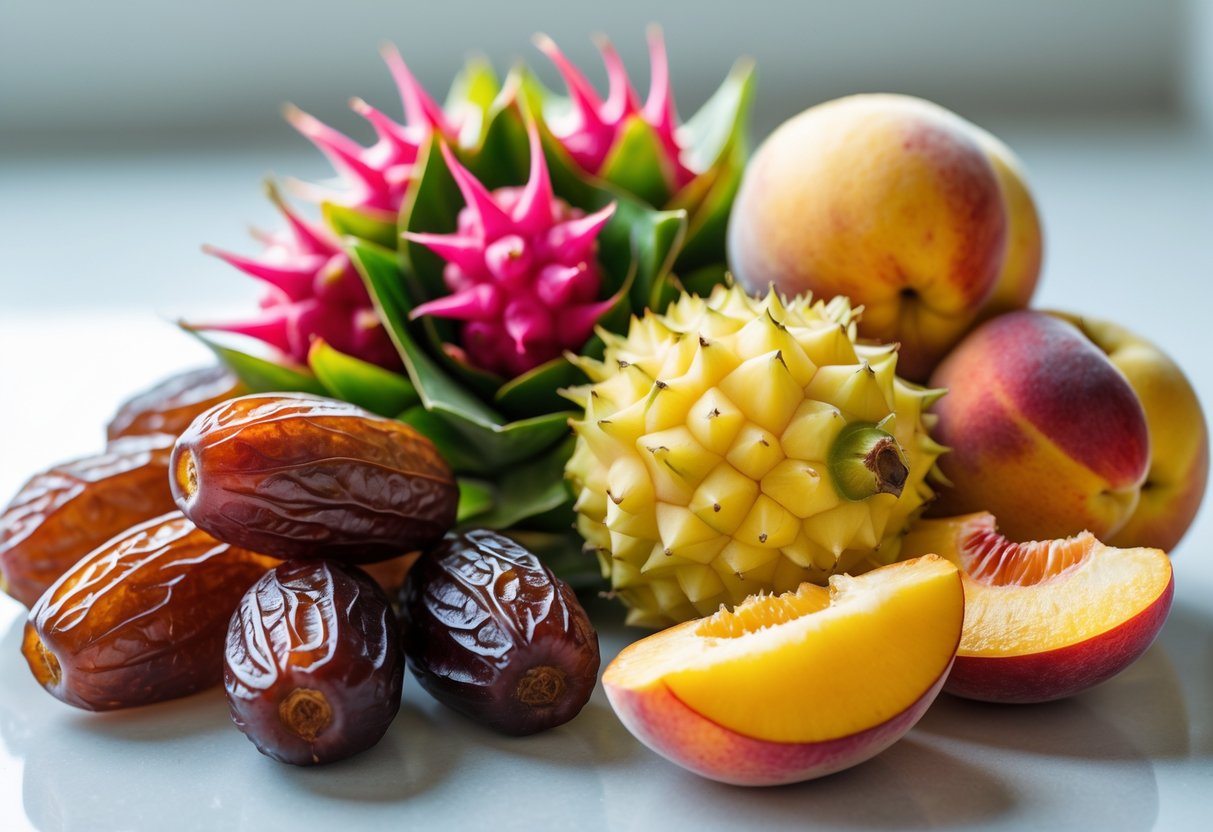 Frutas com d: lista, origens e benefícios essenciais 1 Vários frutos frescos começando com a letra D, como tâmaras, pitayas e pêssegos, dispostos sobre uma superfície branca.